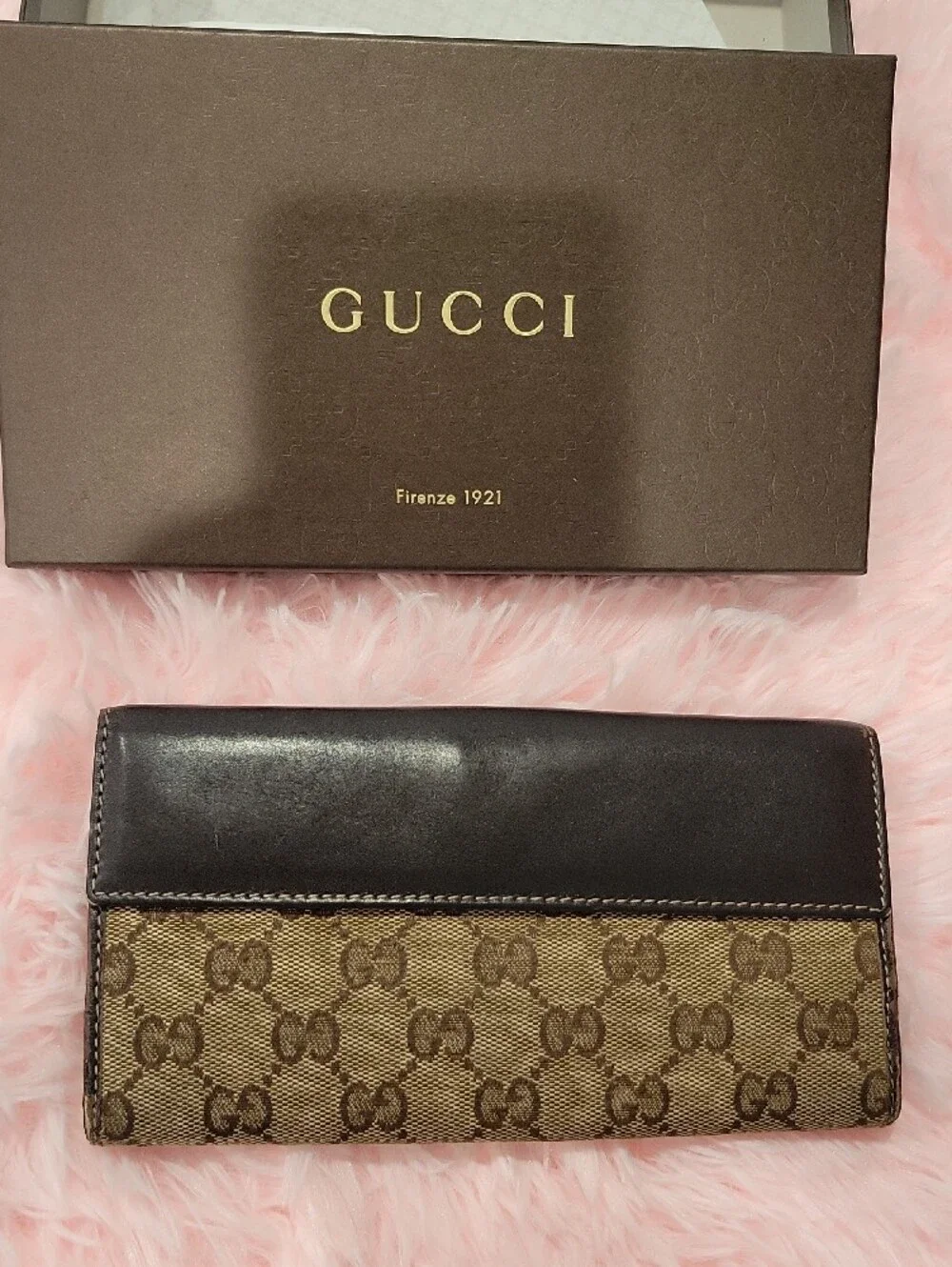 Gucci Beige and Brown GG Canvas Continental Wallet with Gold Heart